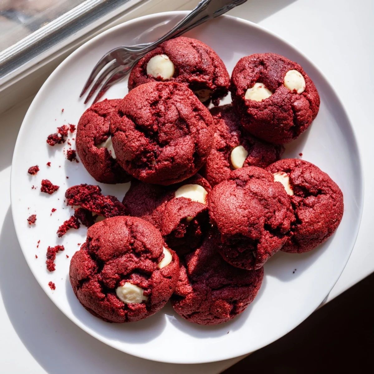Chewy red velvet Oreo cookies stuffed with creamy white chocolate chip studded dough and crushed cookie filling