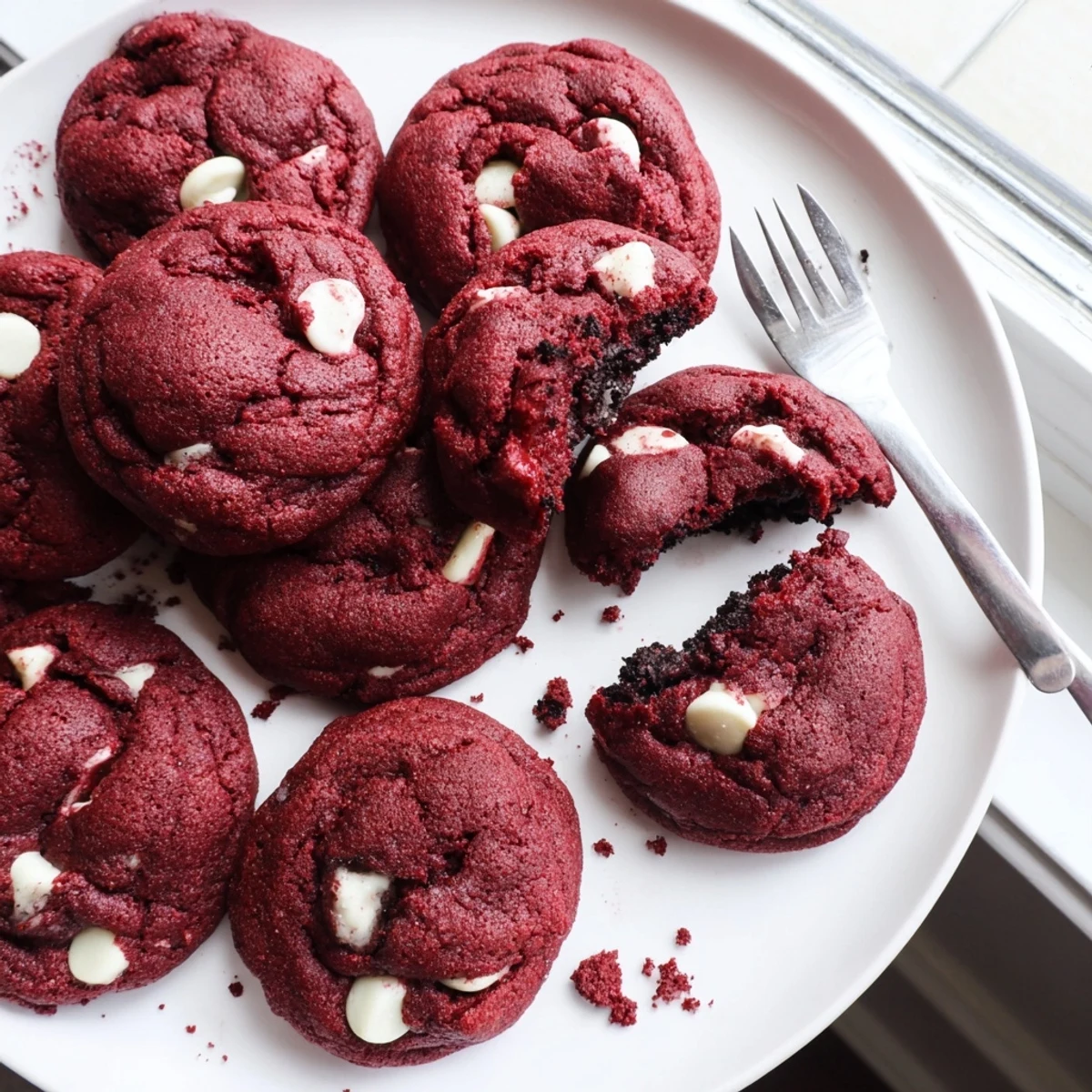 Indulgent red velvet Oreo cookies with white chocolate chips and creamy crushed cookie filling on white plate