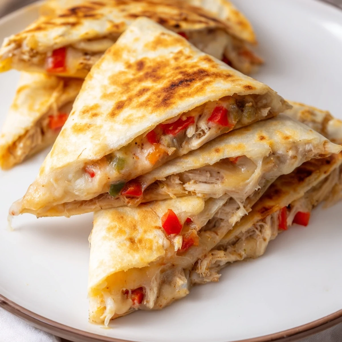 Golden crispy chicken quesadillas with melted cheese and colorful bell peppers sliced into wedges