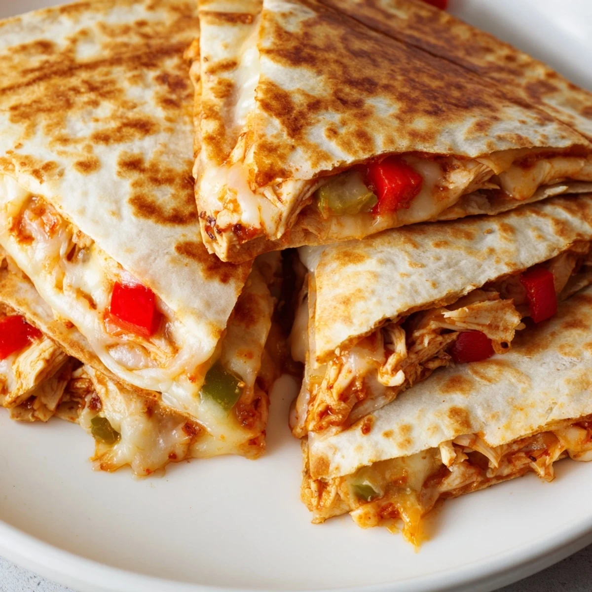 Sizzling skillet quesadillas filled with seasoned shredded chicken and Monterey Jack cheese on a warm platter