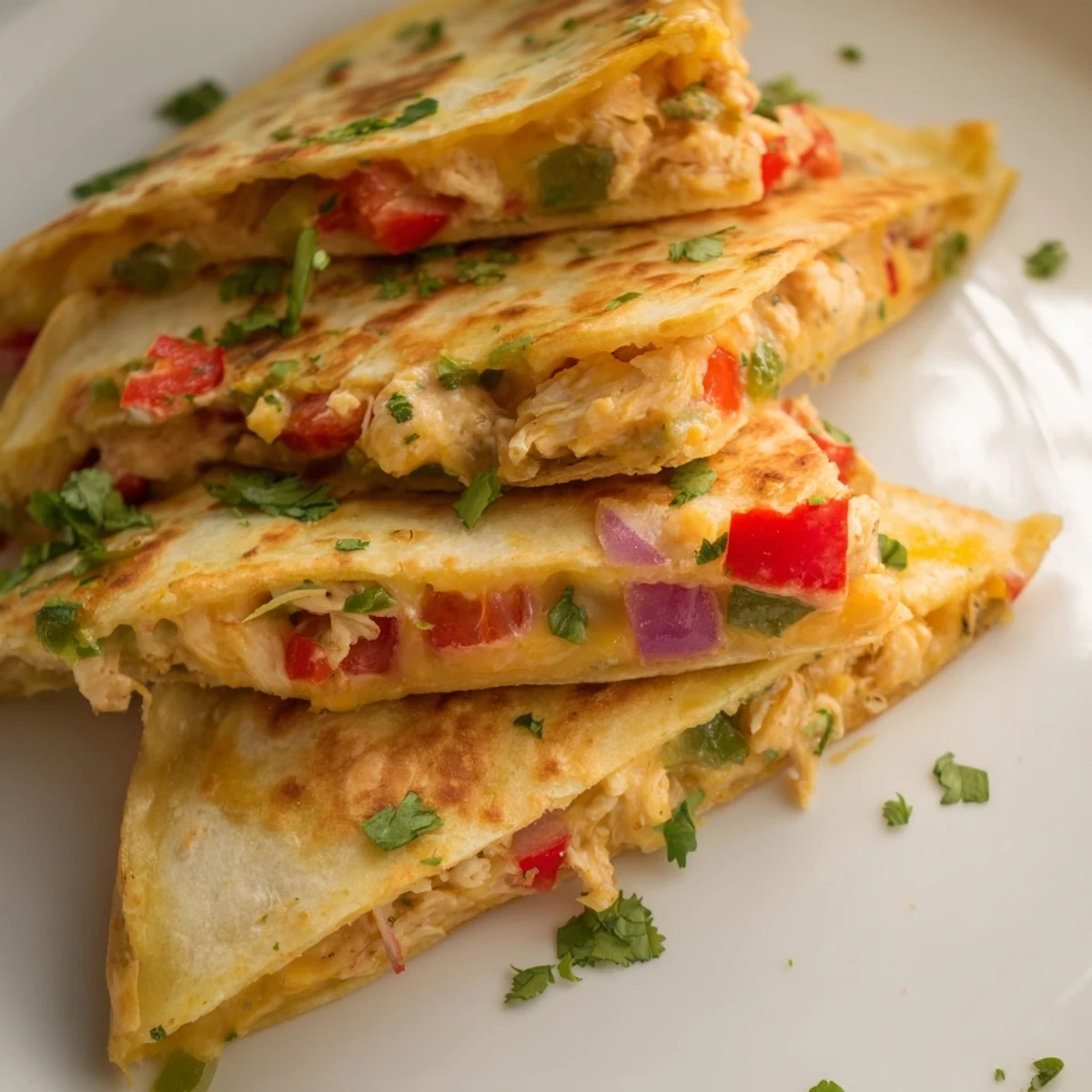 Golden chicken quesadillas with melted cheese and colorful bell peppers on a white serving plate