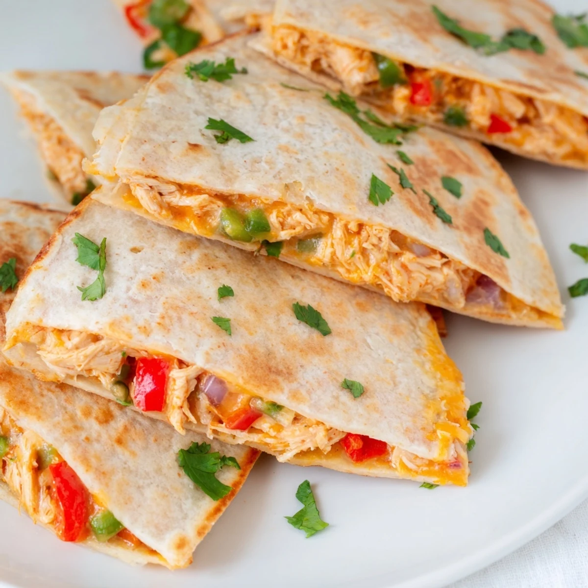 Homemade chicken quesadillas cut into wedges alongside fresh salsa and lime garnish on wooden board
