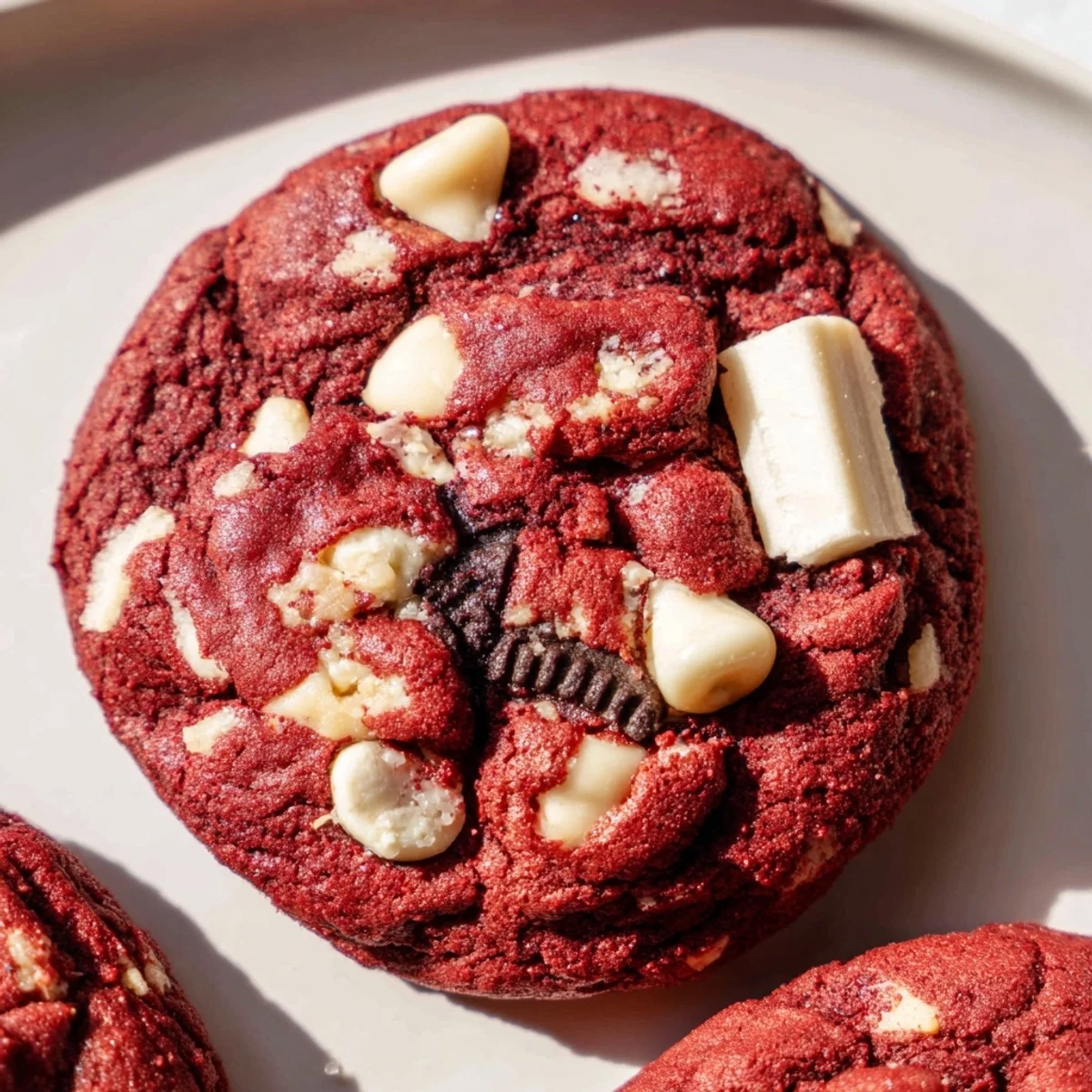 Soft red velvet Oreo cookies with white chocolate chips on a white plate
