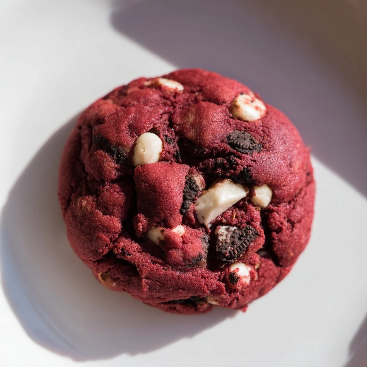 Freshly baked red velvet Oreo cookies stacked with visible Oreo pieces throughout