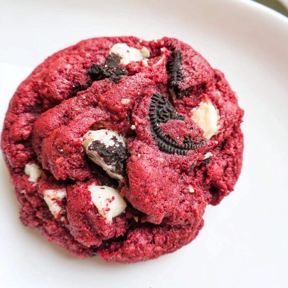 Chewy red velvet Oreo cookies showing chocolate chunks and creamy white chips