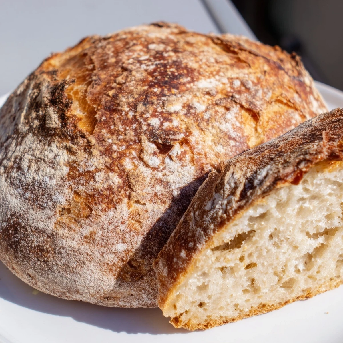 Golden artisan no knead bread loaf with deep crackly crust and chewy interior