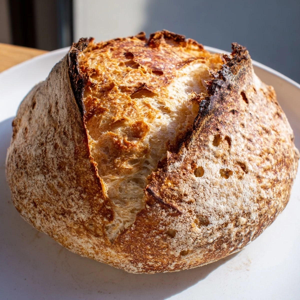 Freshly baked artisan no knead bread cooling on wire rack with crisp golden crust