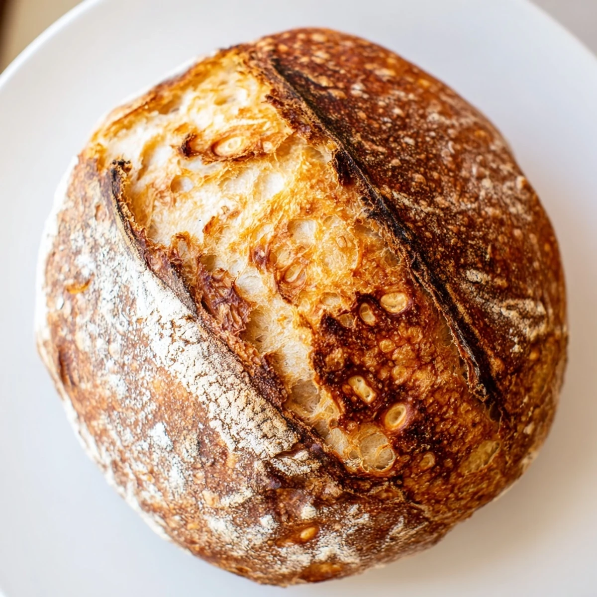 Rustic no knead bread sliced open showing soft airy crumb perfect for sharing
