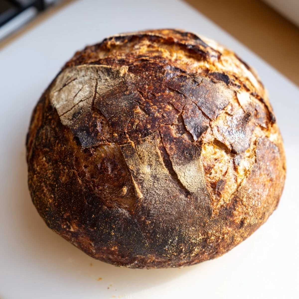 Golden brown easy rustic bread loaf with deep scoring marks on a dark wooden board