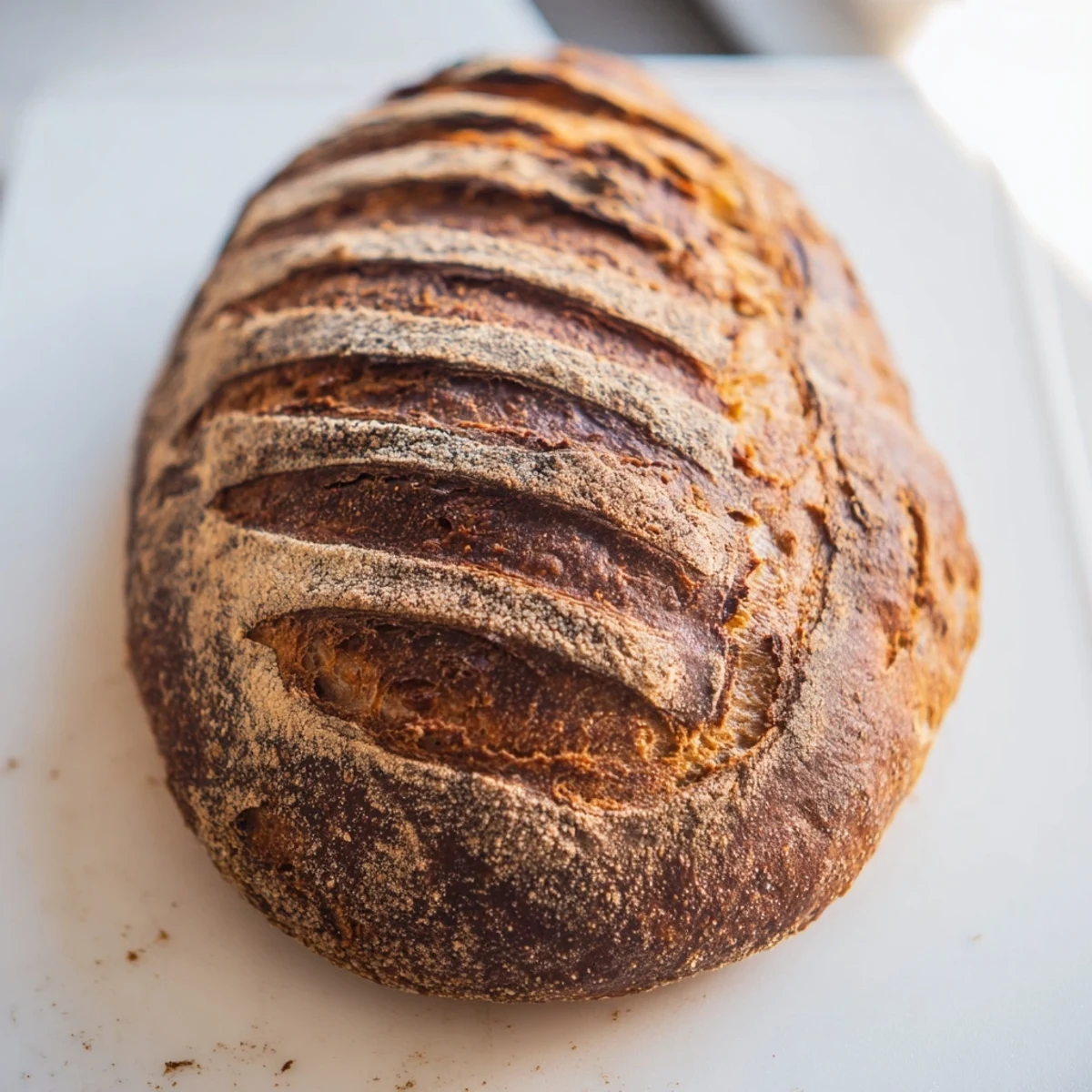 Freshly baked easy rustic bread with crackly crust sliced to reveal soft chewy interior