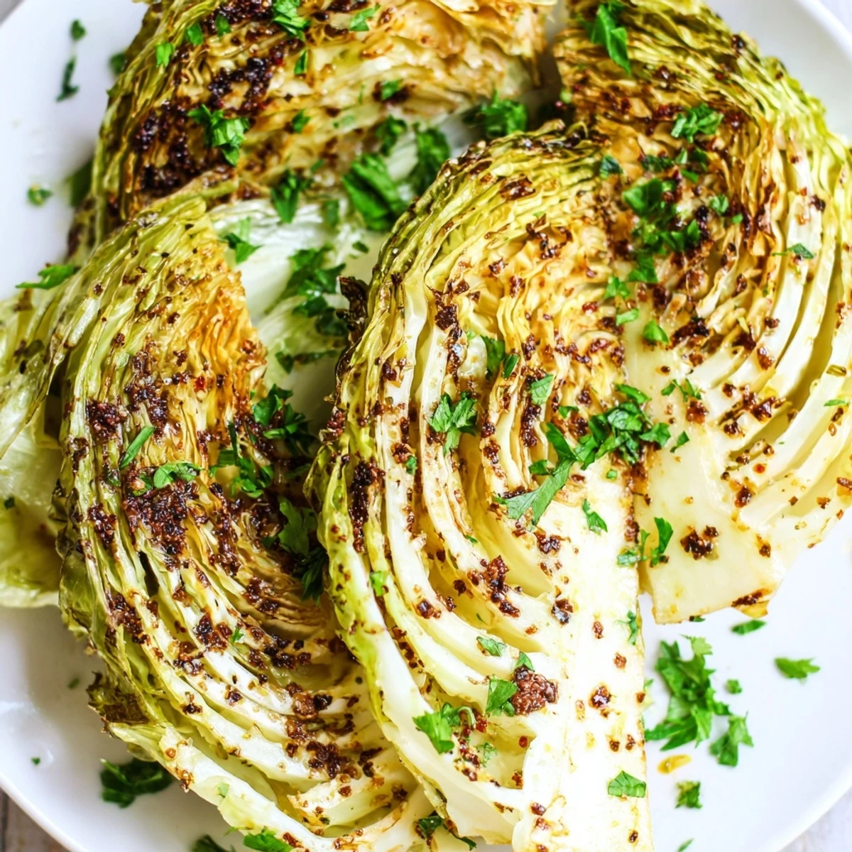 Golden roasted cabbage wedges with crispy browned edges and tender centers arranged on a baking sheet