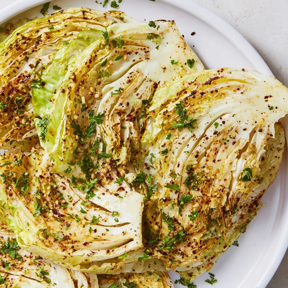 Seasoned roasted cabbage wedges brushed with olive oil and spices topped with fresh green parsley garnish