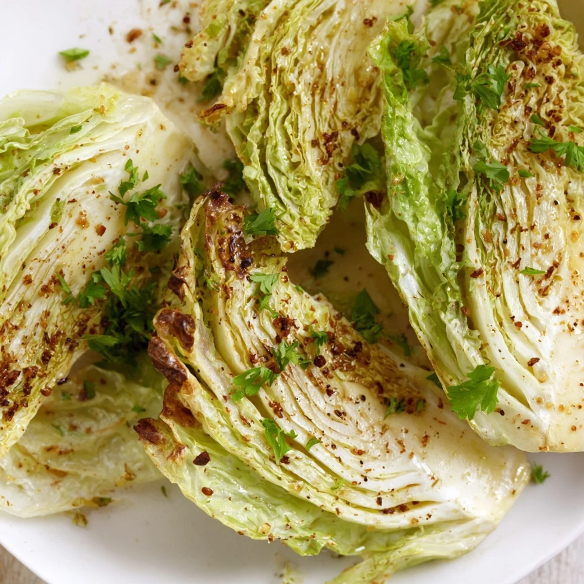 Close up of roasted cabbage wedges showing caramelized edges and soft interior with paprika and garlic seasoning