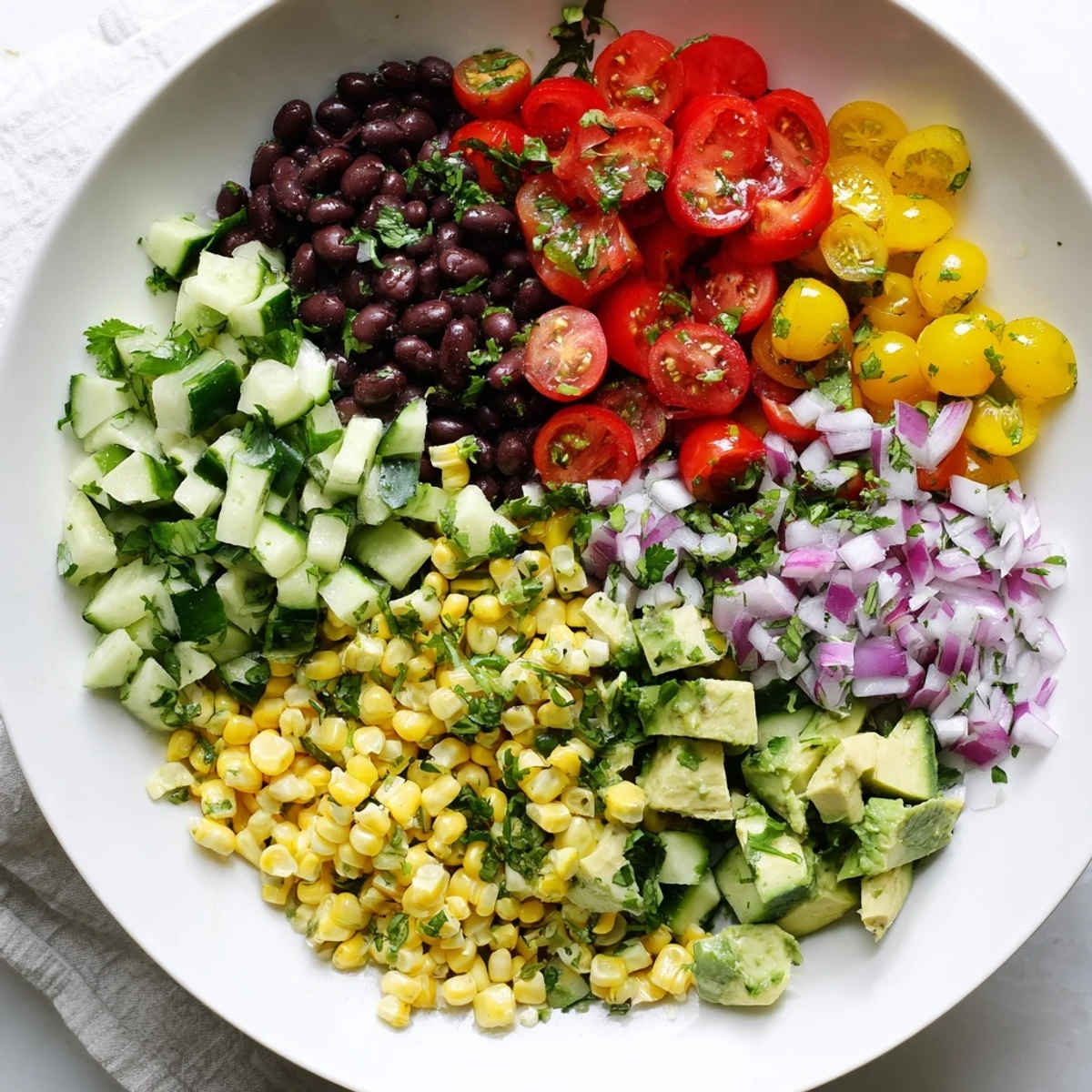 Fresh chopped black bean salad tossed with zesty lime dressing and ripe diced avocado