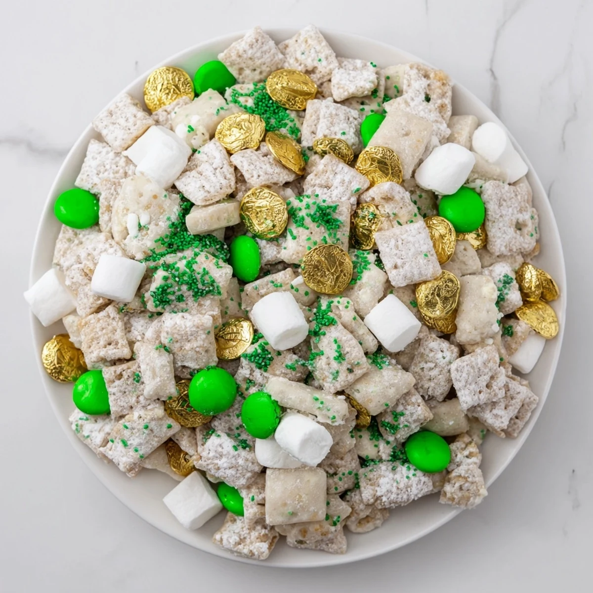 Colorful St. Patricks Day Lucky Chow with green candies and gold coins in a festive white bowl