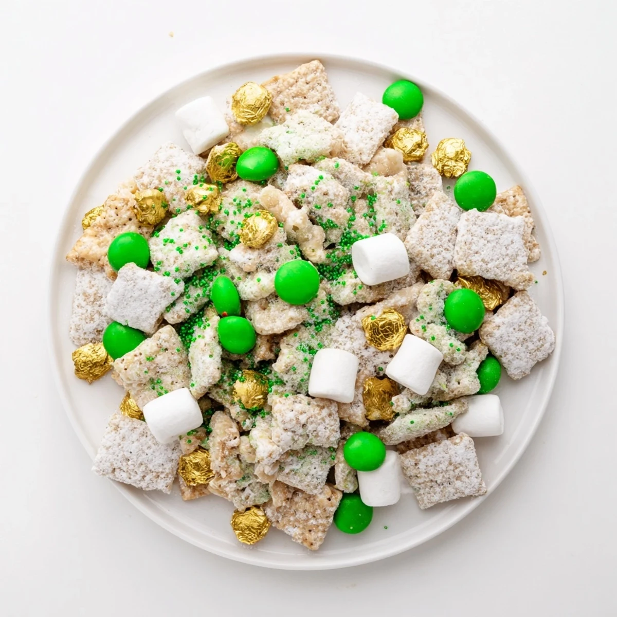 Festive St. Patricks Day Lucky Chow snack mix with green M&Ms, marshmallows, and powdered sugar coating