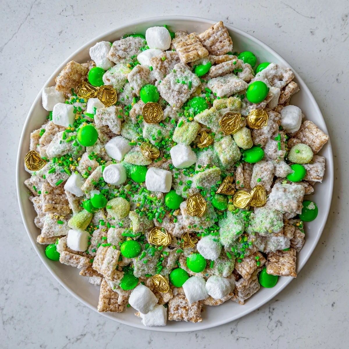 White chocolate coated St. Patricks Day Lucky Chow topped with sprinkles, gold coins, and green candies
