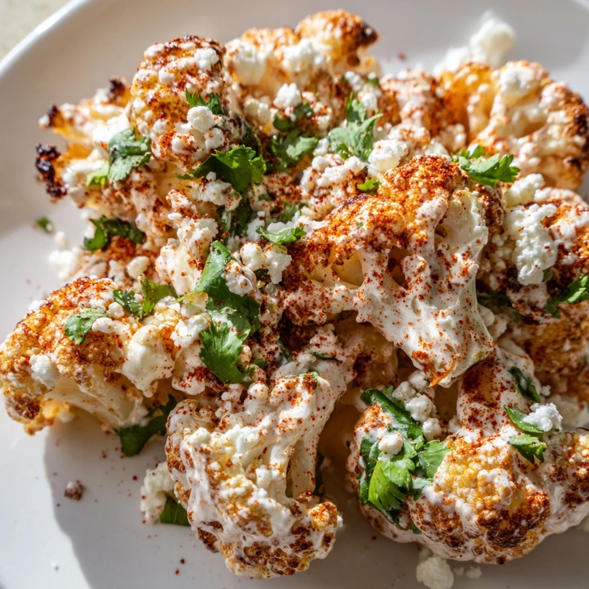 Roasted cauliflower elote coated in creamy sauce and topped with crumbled cotija cheese and fresh cilantro