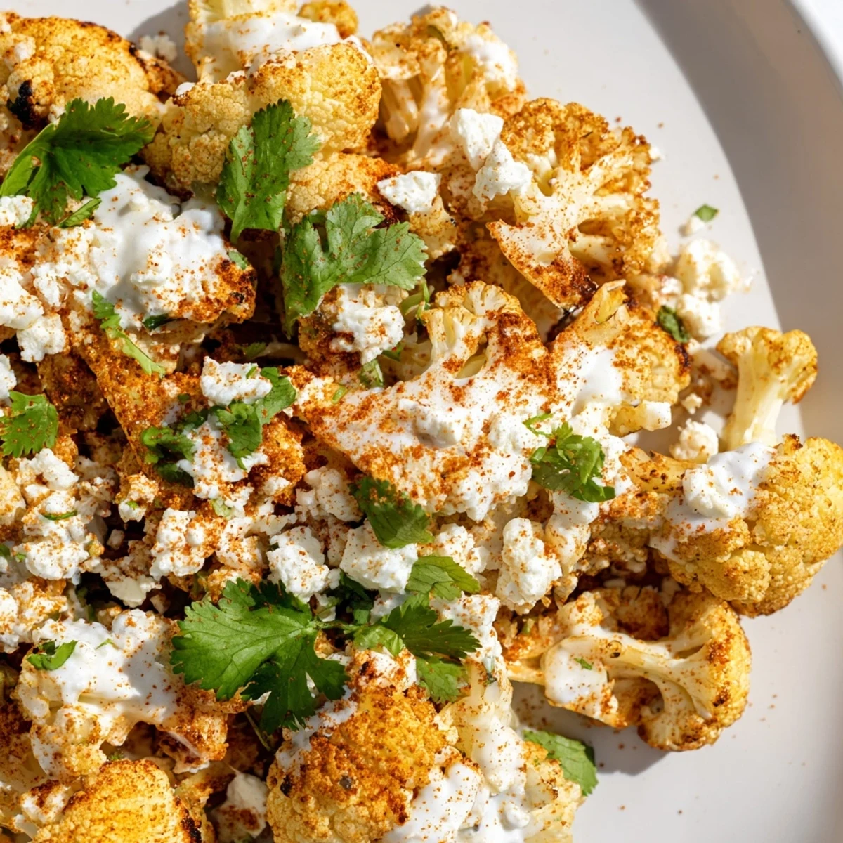 Golden cauliflower florets tossed in smoky elote sauce with cotija cheese and lime wedges