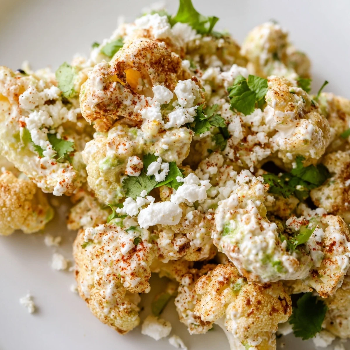 Vegetarian cauliflower elote sprinkled with chili powder and cilantro over a creamy lime mayonnaise base
