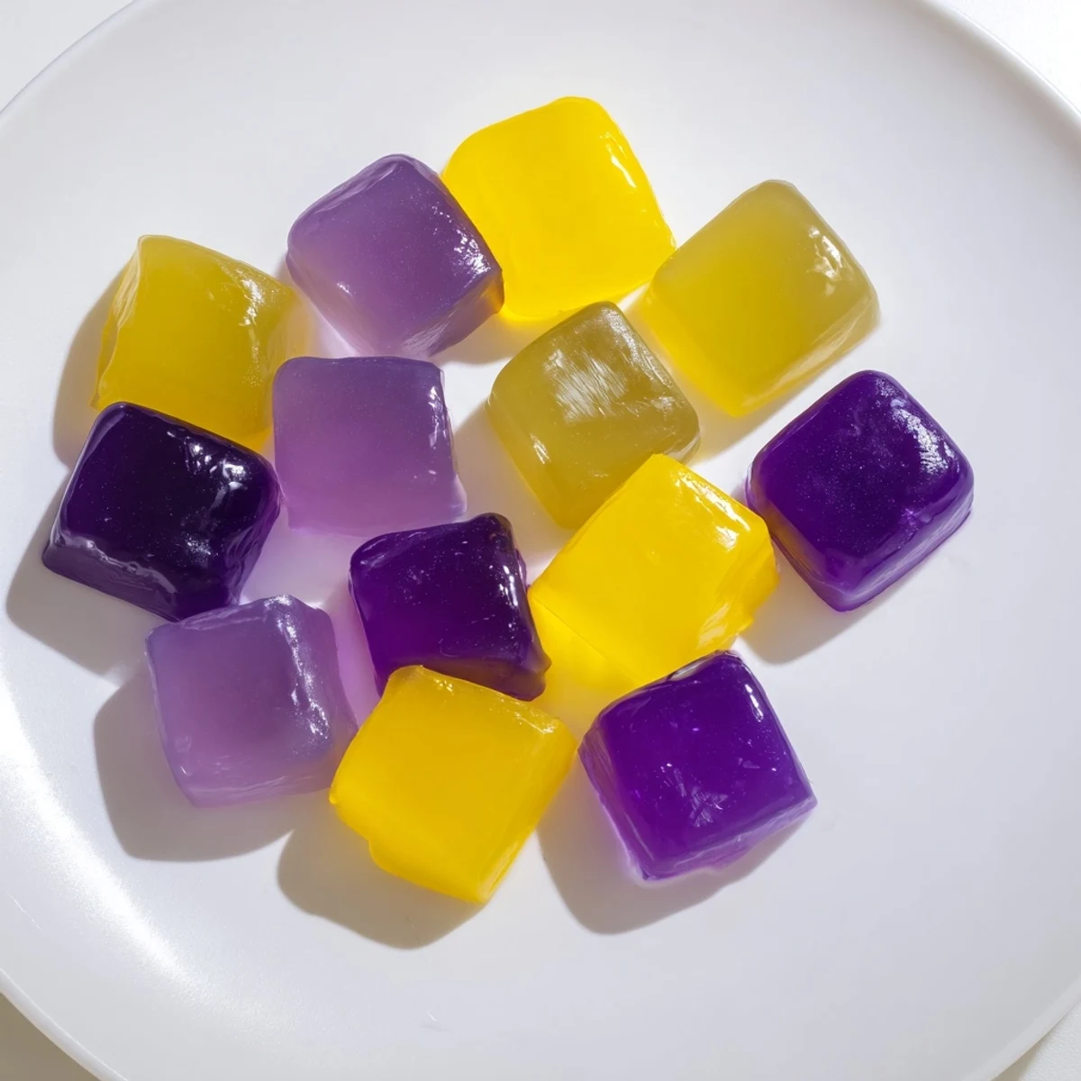 Wobbly gut-friendly probiotic jello cubes on a white plate garnished with fresh mint leaves