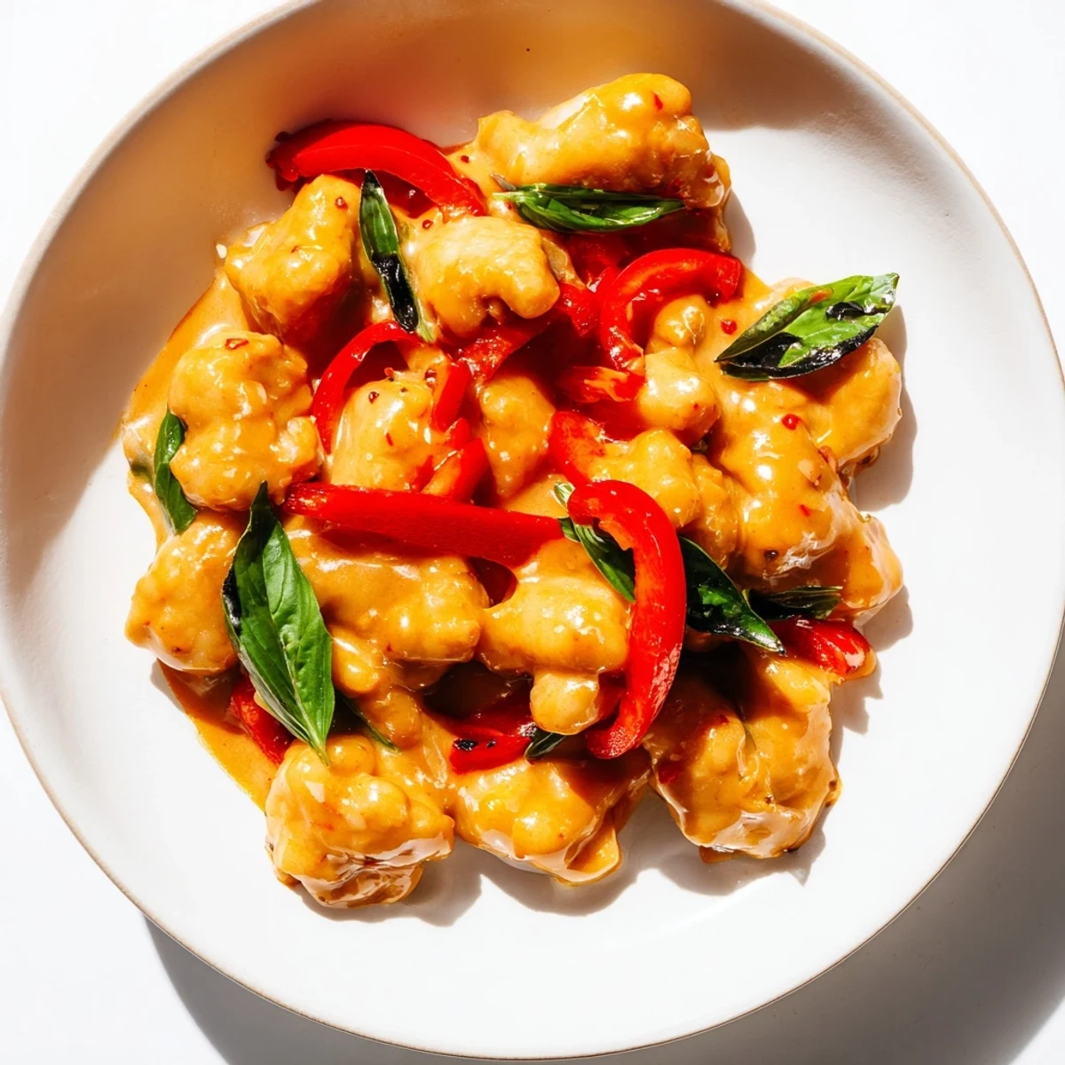 Golden basil chicken pieces swimming in rich, creamy coconut curry sauce with vibrant red pepper strips