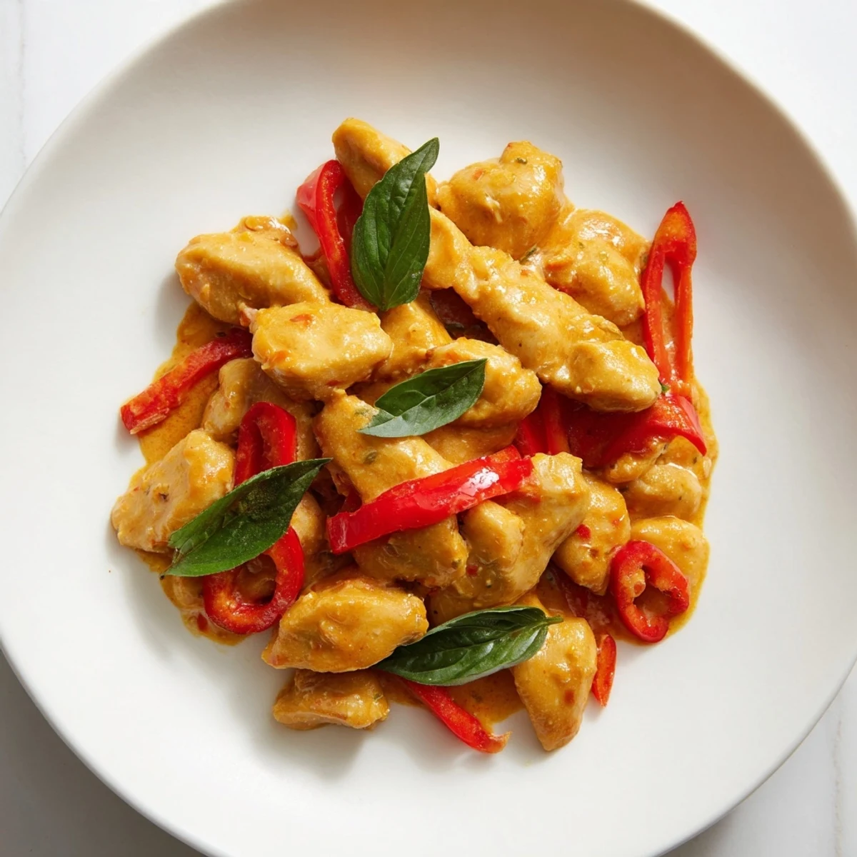 Steaming bowl of Thai-inspired basil chicken in coconut curry sauce topped with fresh green basil leaves