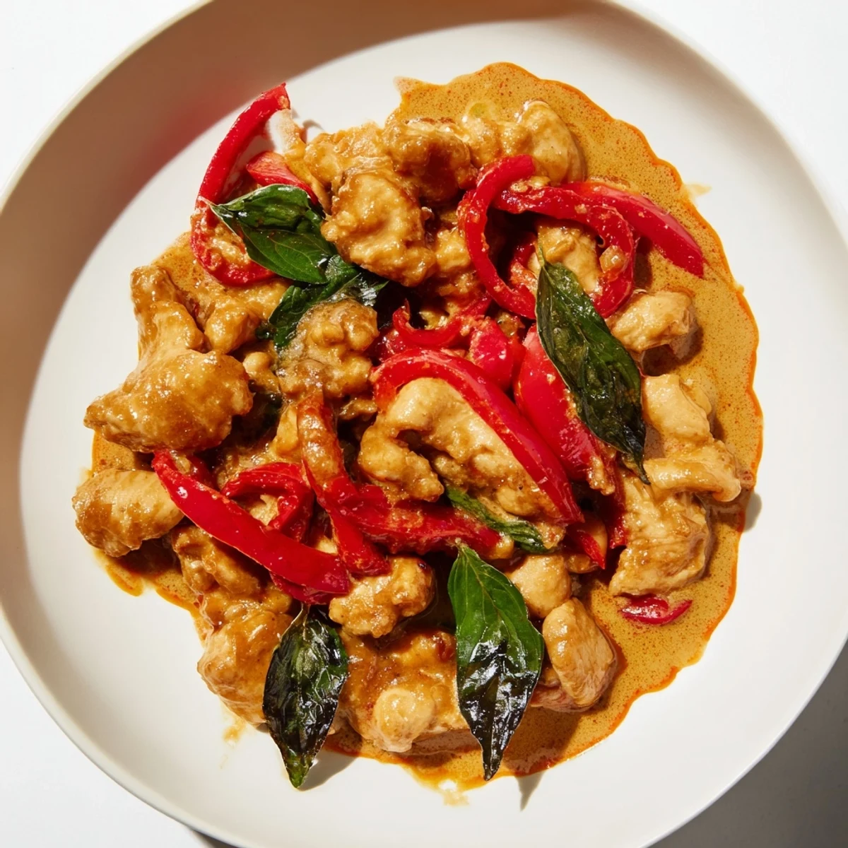 Tender chicken simmered in aromatic coconut curry sauce with colorful vegetables and fragrant fresh basil garnish