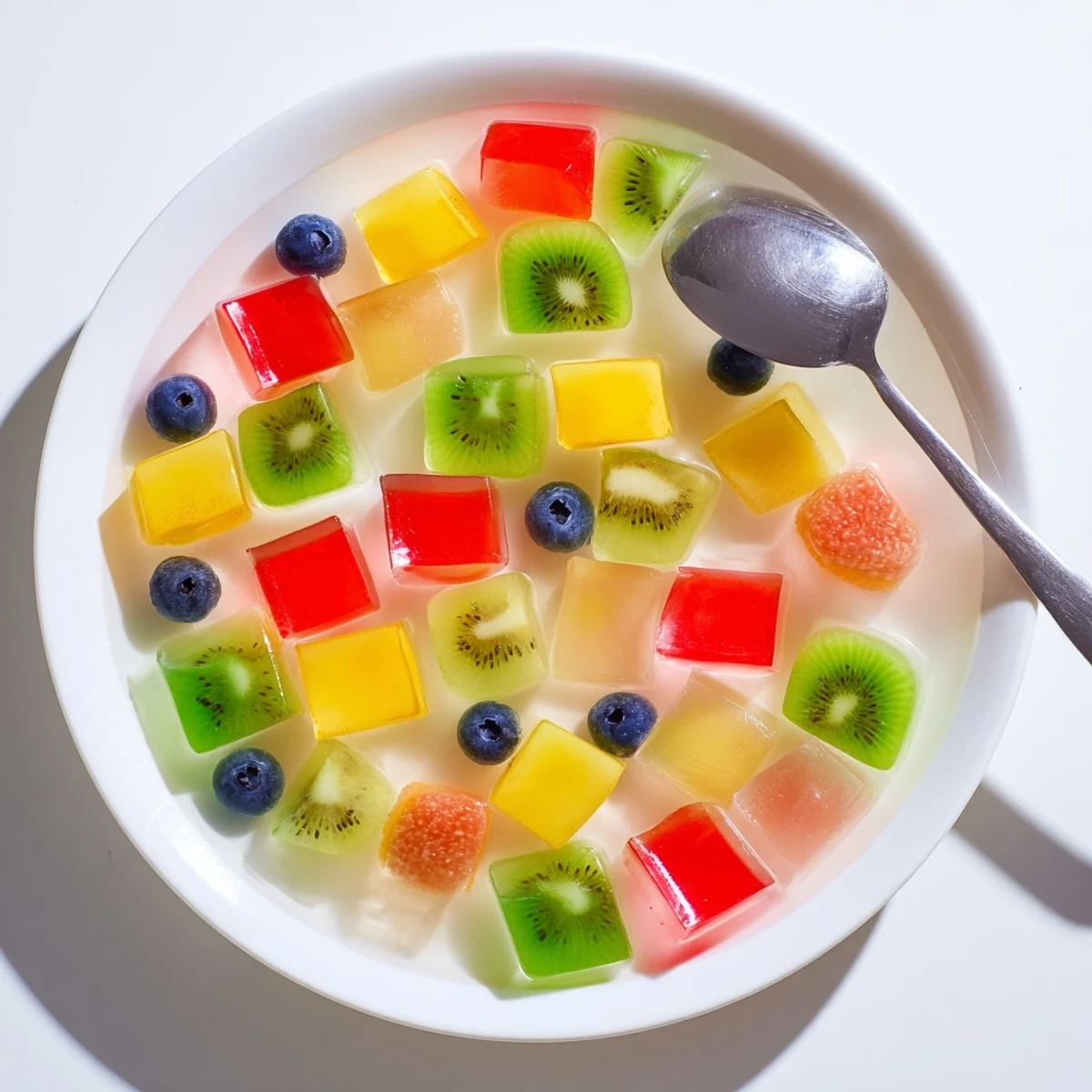 Colorful agar agar fruit jelly glistening with fresh strawberries, kiwi, mango, and pineapple cubes