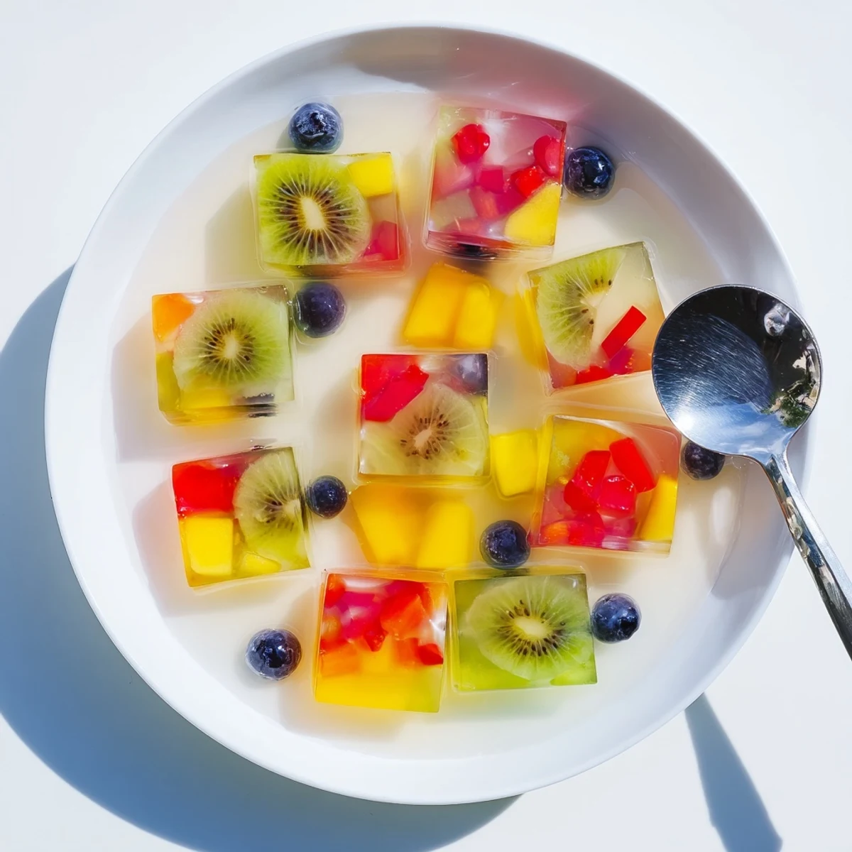 Refreshing agar agar fruit jelly dessert showcasing diced tropical fruits in a clear mold