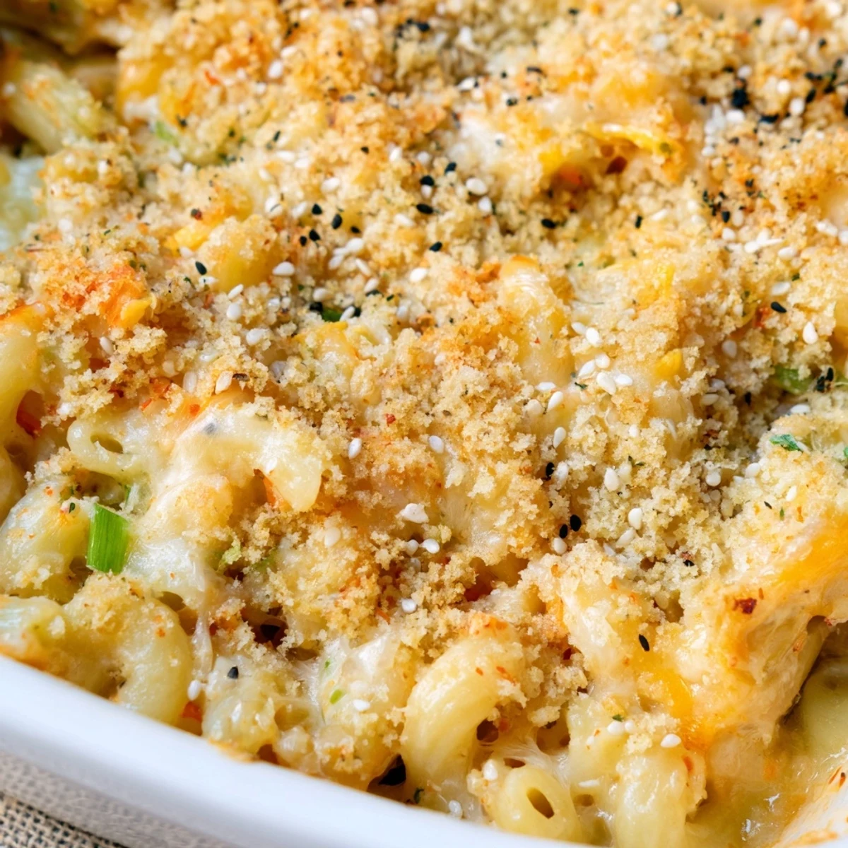 Creamy kimchi mac and cheese with golden panko topping bubbling in a baking dish