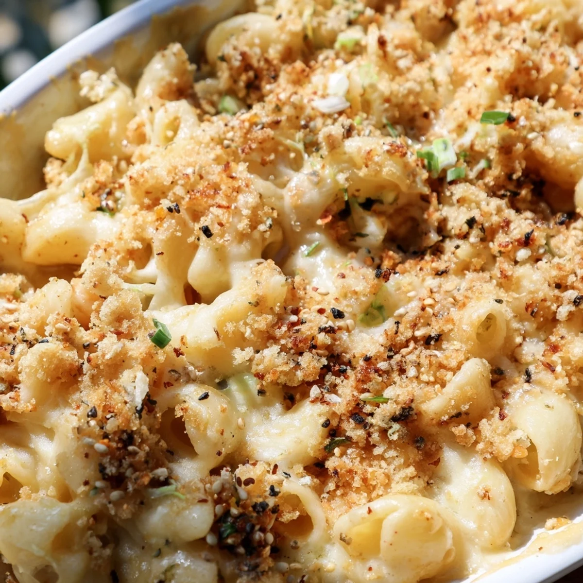 Spicy Korean-American fusion mac and cheese featuring tangy chopped kimchi blended with melted cheddar