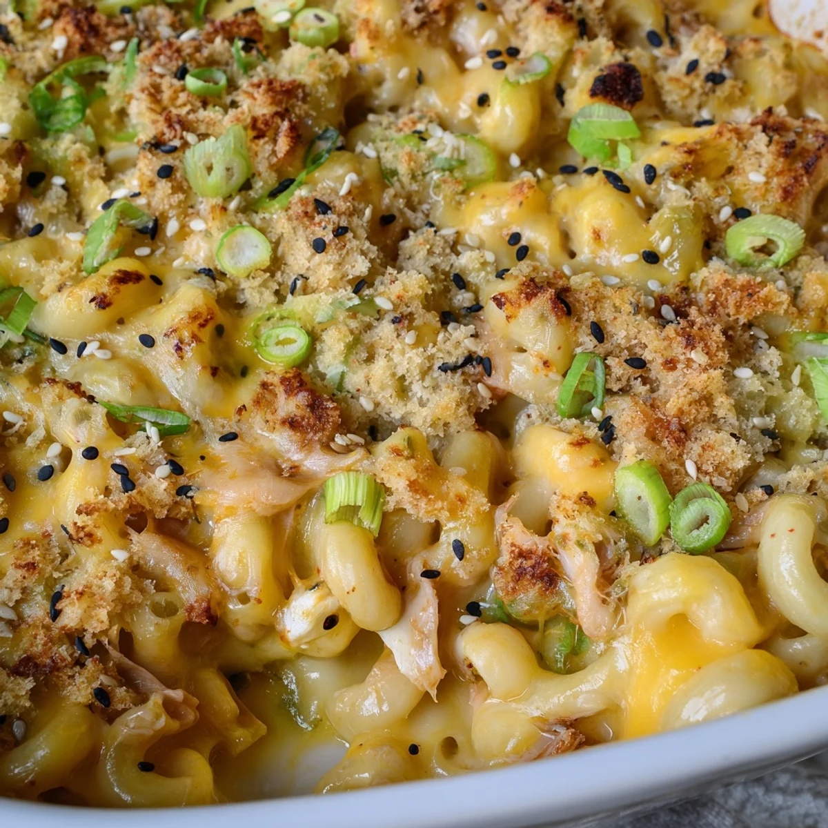 Baked kimchi mac and cheese with crispy buttered breadcrumbs and melted mozzarella cheese layer