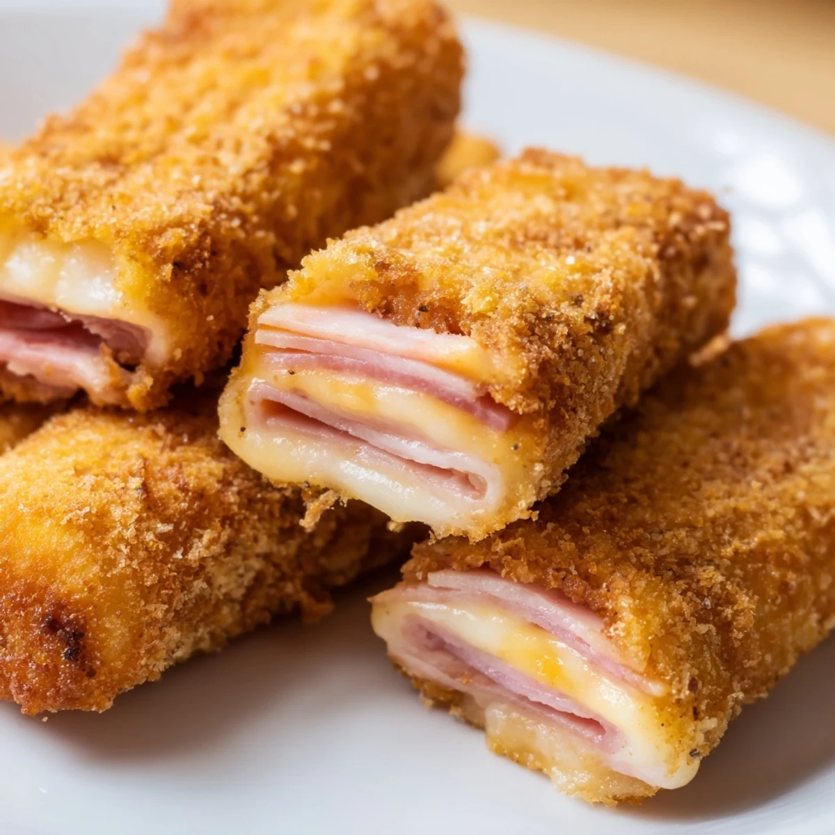 Golden brown ham and cheese sticks arranged on a serving platter with marinara dipping sauce