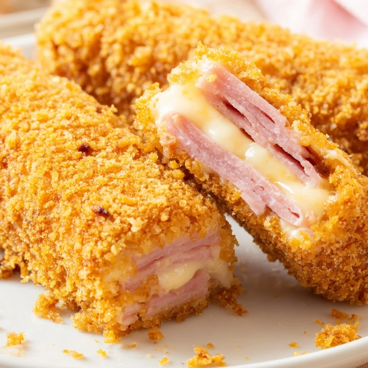 Crispy deep-fried ham and cheese sticks featuring gooey melted mozzarella inside golden breadcrumb coating