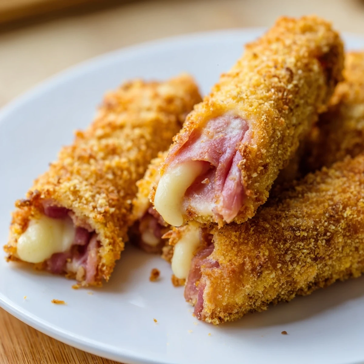 Freshly fried ham and cheese sticks cooling on paper towels, ready for party appetizer serving