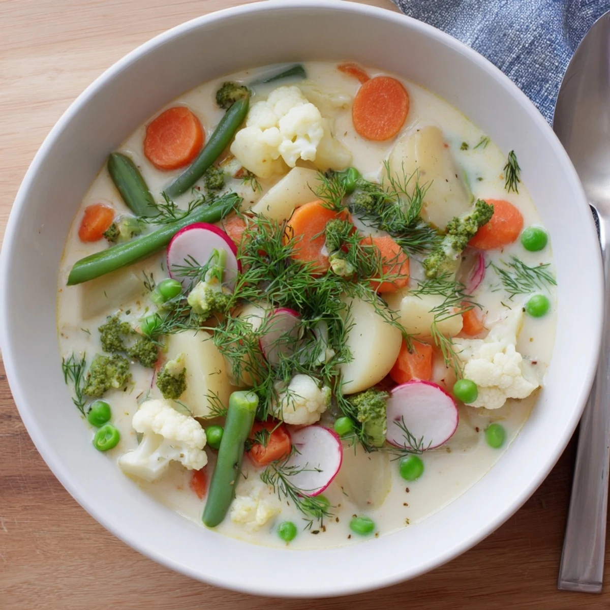 Creamy Finnish Kesäkeitto soup with colorful fresh vegetables floating in rich broth