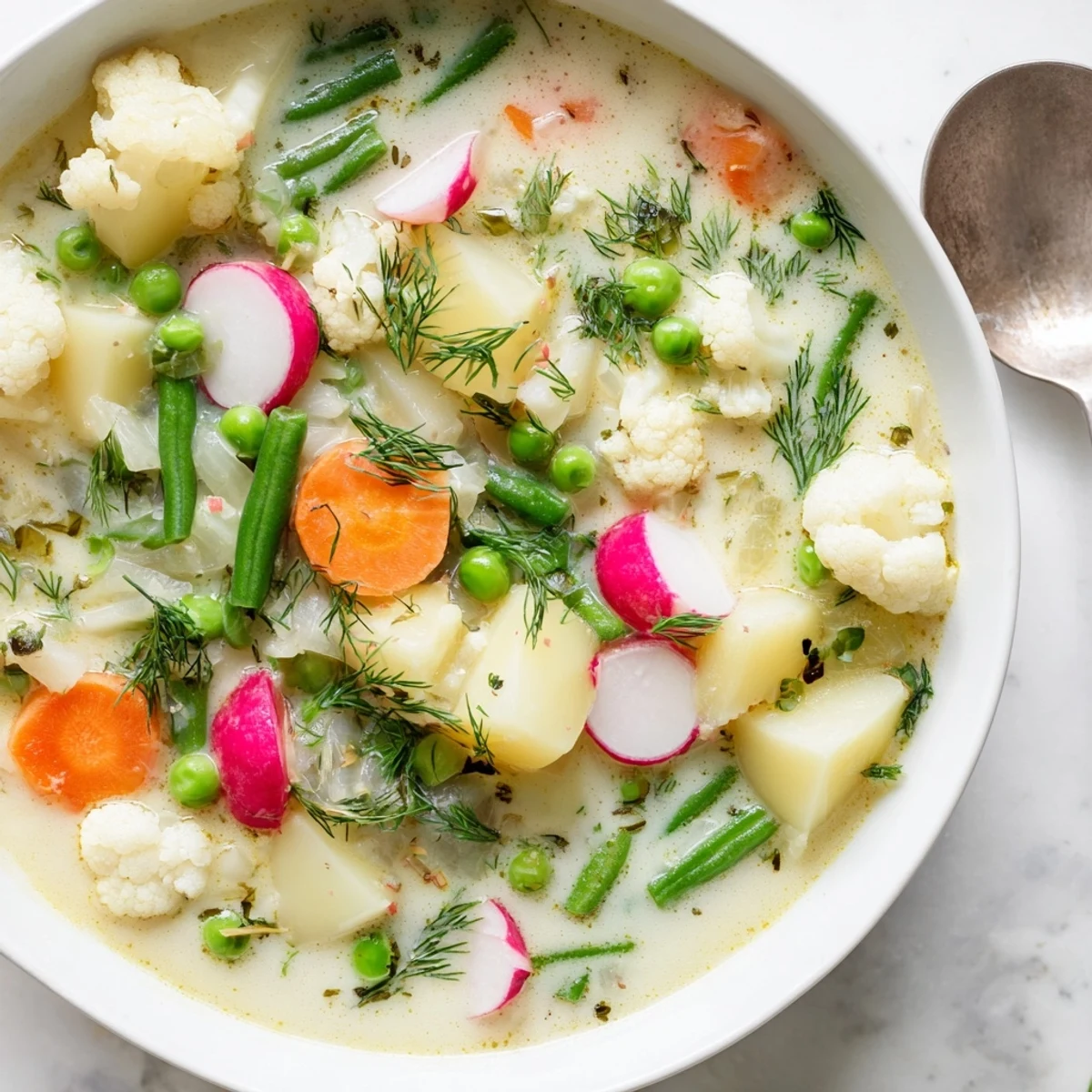 Bowl of Finnish Kesäkeitto summer soup garnished with green peas, carrots, and dill