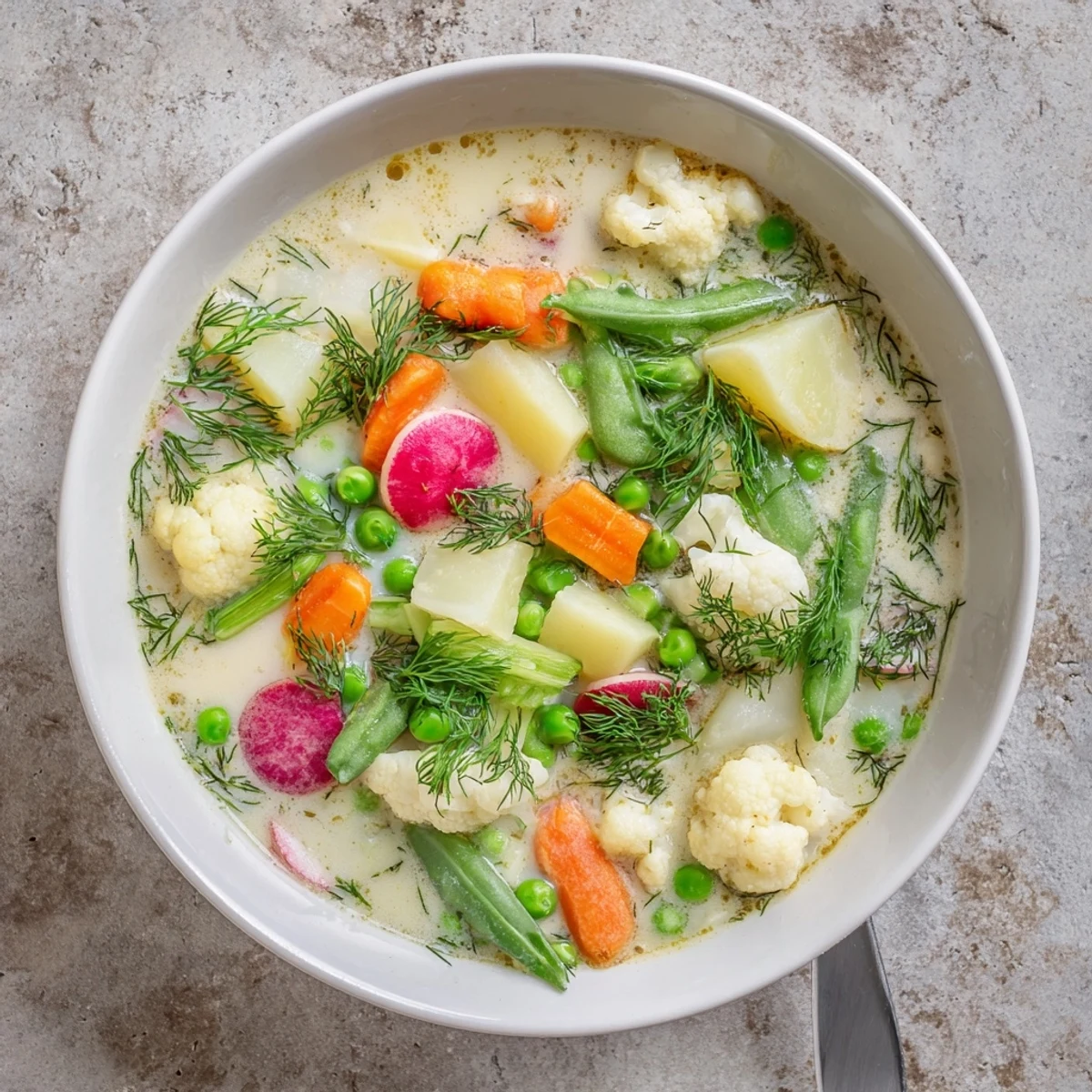 Golden Finnish Kesäkeitto served with tender potatoes, cauliflower, and chopped fresh herbs