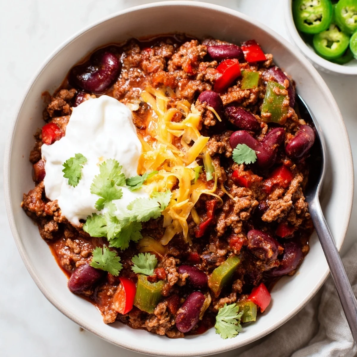 Steaming bowl of hearty chili con carne topped with melted cheddar cheese and fresh cilantro