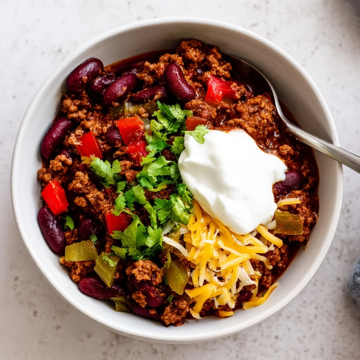 Rustic chili con carne simmered with tender beef, red kidney beans, and colorful bell peppers