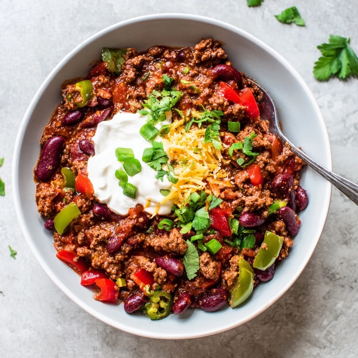 Spoonful of rich, spiced chili con carne garnished with sour cream and sliced jalapeños