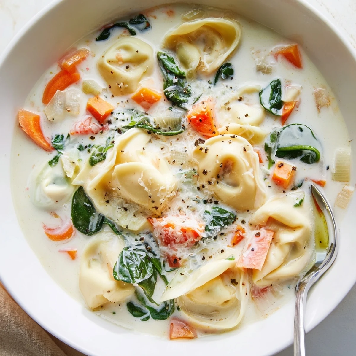 Creamy Instant Pot tortellini soup with melted Parmesan and fresh spinach in a rich broth