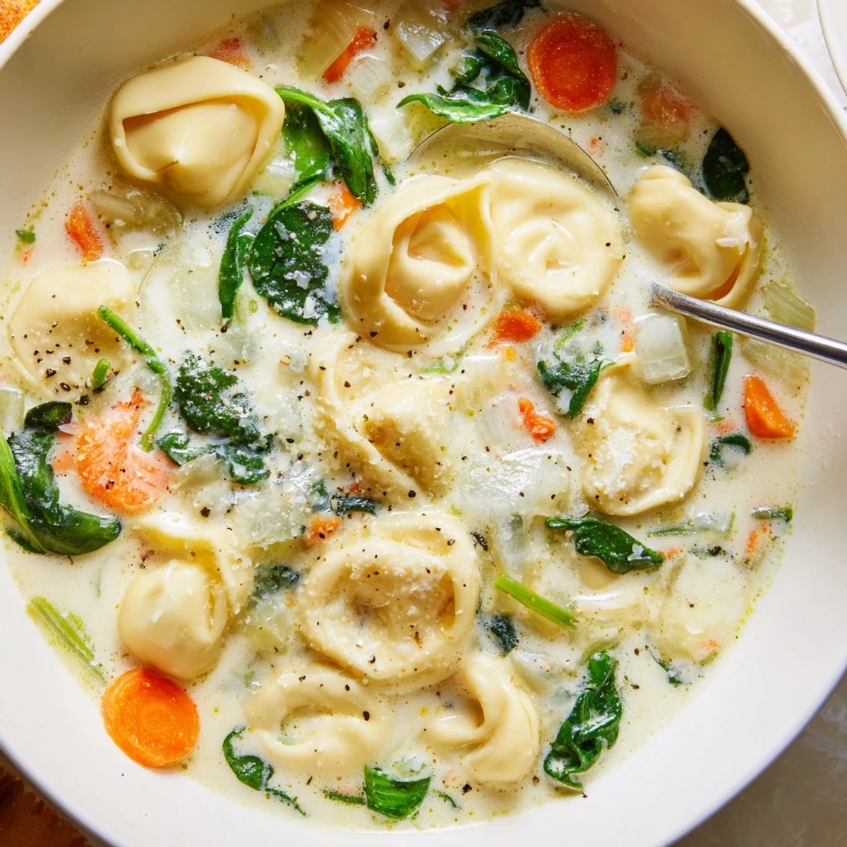 Golden cheese tortellini floating in a velvety white soup bowl topped with grated Parmesan