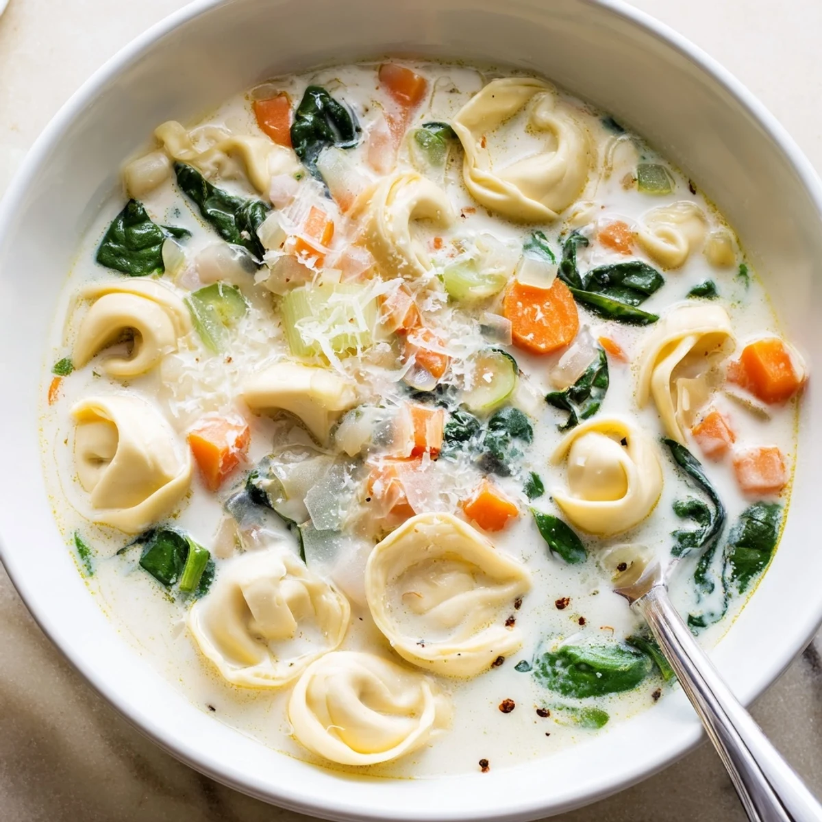 Steaming bowl of Italian-inspired tortellini soup with colorful vegetables and swirls of heavy cream