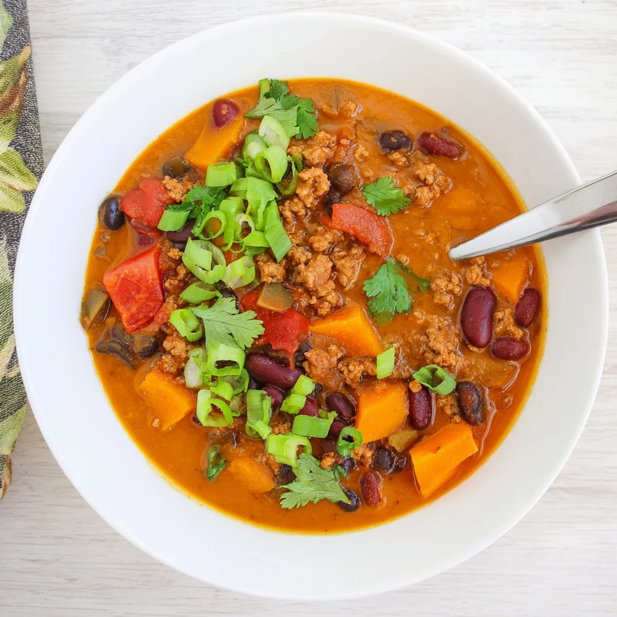 Steamy bowl of turkey pumpkin chili garnished with fresh cilantro and green onions
