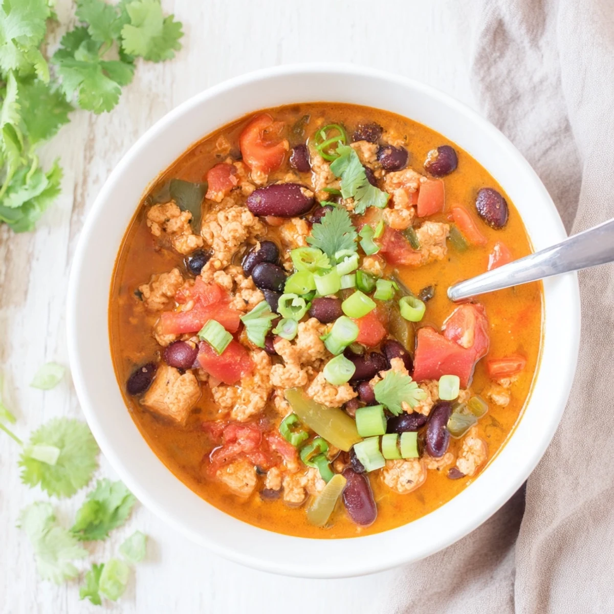 Hearty turkey pumpkin chili with beans and spices served in a white ceramic bowl