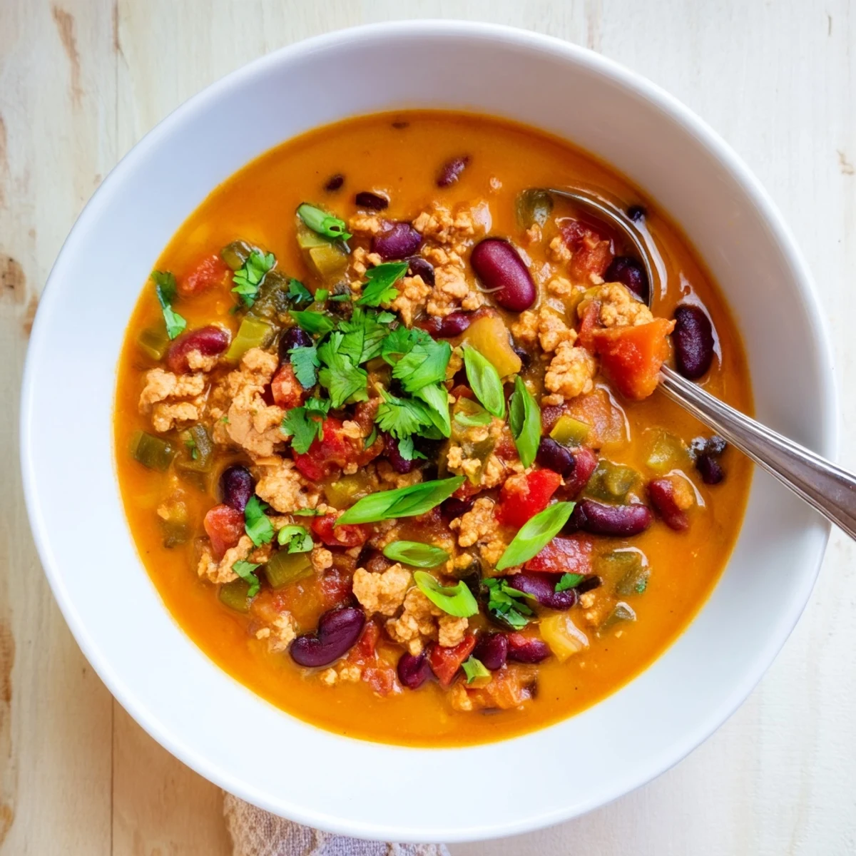 Rustic turkey pumpkin chili featuring tender ground turkey and creamy pumpkin puree simmered to perfection