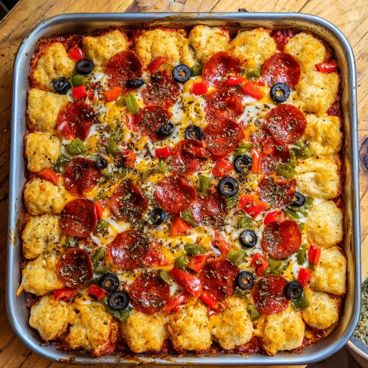 Baked biscuit pizza casserole featuring fluffy dough pieces rising through cheesy tomato sauce layers
