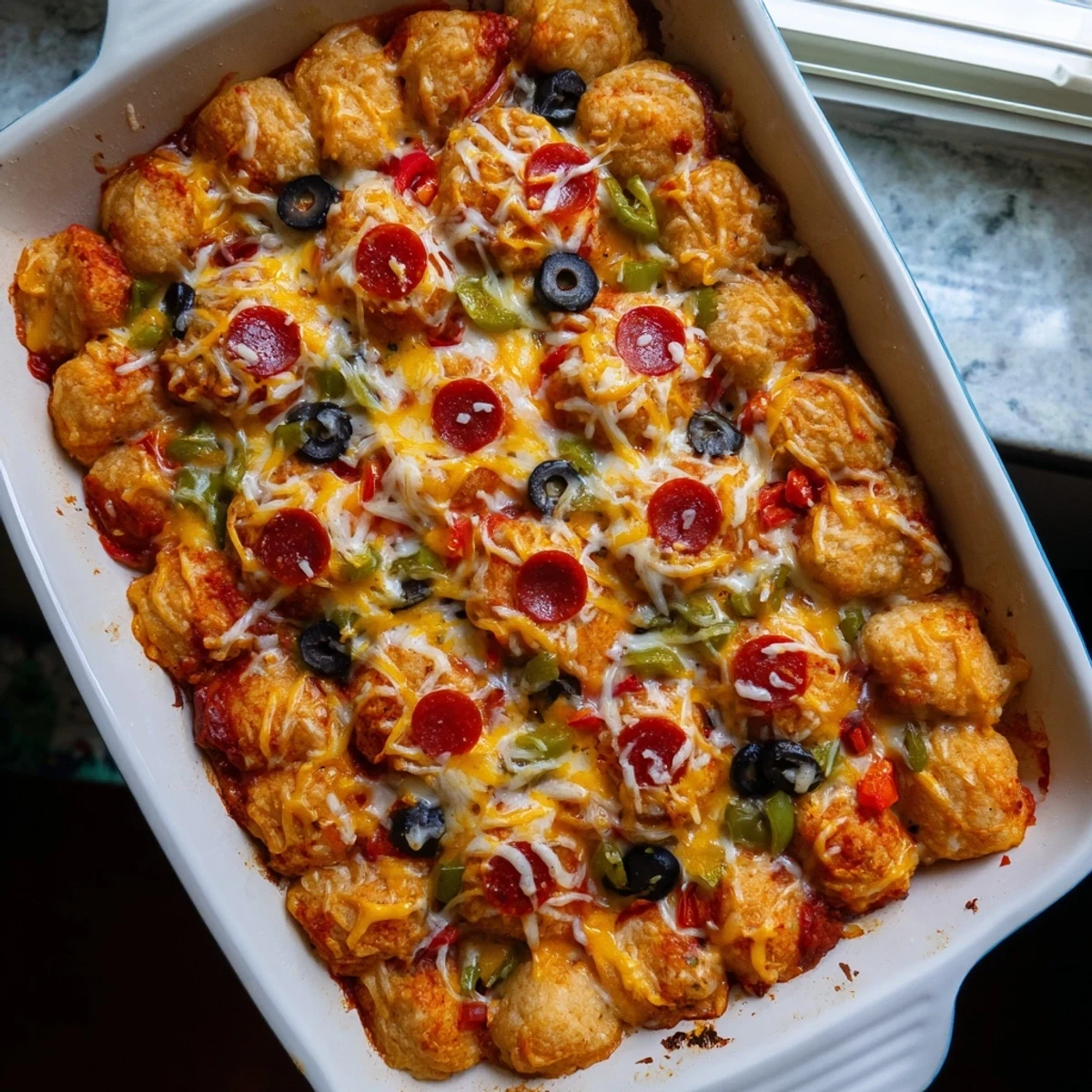 Golden bubble up biscuit pizza casserole with melted mozzarella and pepperoni toppings bubbling through